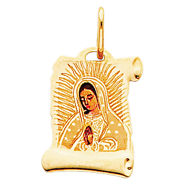 14K Gold Guadalupe Enamel Charm Pendant with 0.9mm Wheat Chain Necklace