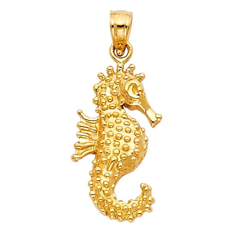 14K Gold Sea Horse Charm Pendant with 1.5mm Flat Open Wheat Chain Necklace