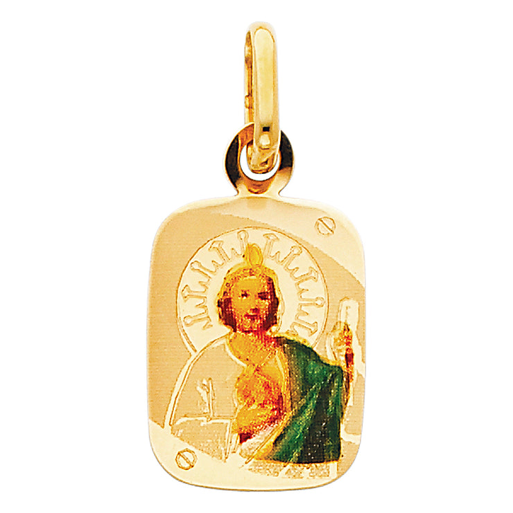 14K Gold St. Jude Enamel Charm Pendant with 0.9mm Wheat Chain Necklace