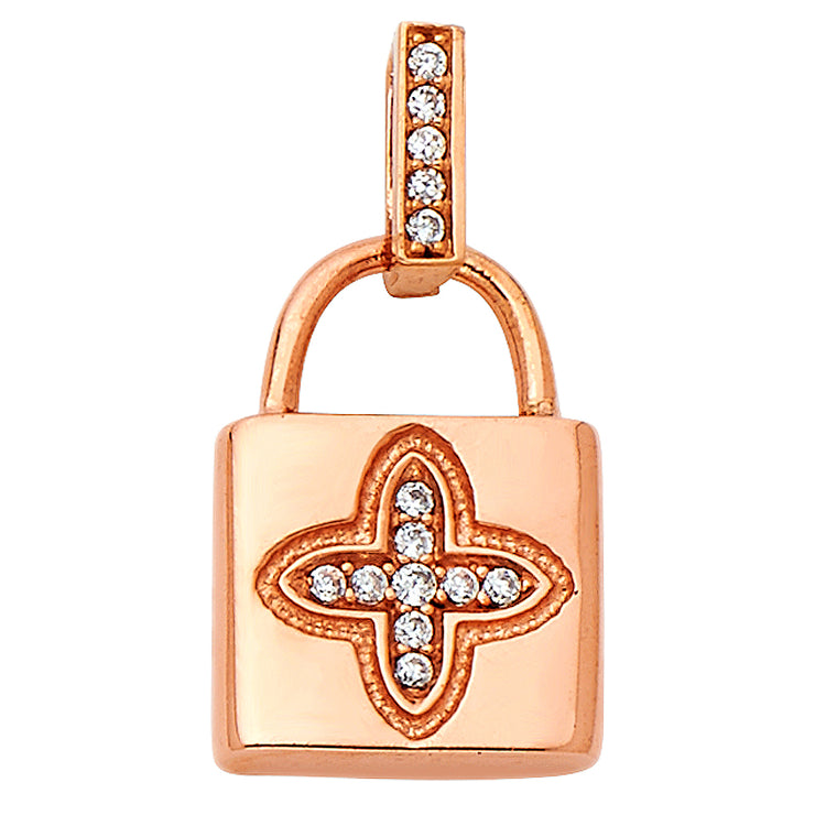 14K Gold CZ Lock Charm Pendant