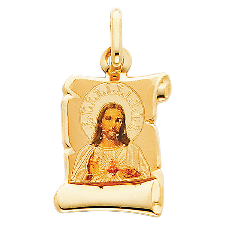 14K Gold Jesus Heart Enamel Pendant with 1.2mm Flat Open Wheat Chain