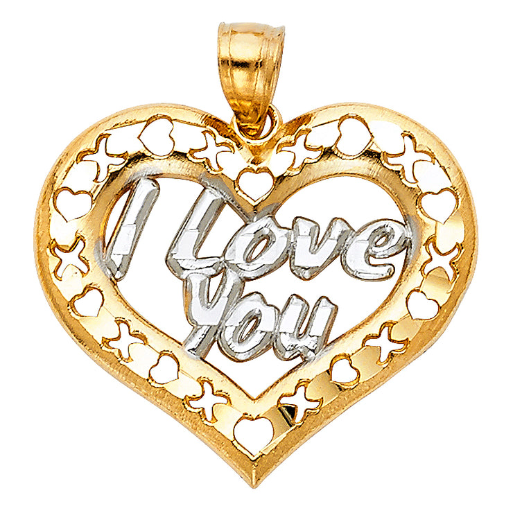 14K Gold I Love You Heart Charm Pendant with 1.5mm Flat Open Wheat Chain Necklace