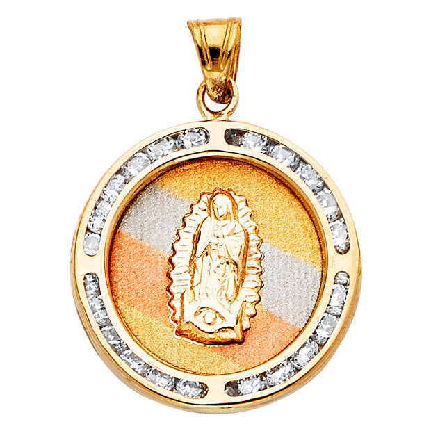 14K Gold Guadalupe CZ Pendant with 2mm Figaro 3+1 Chain