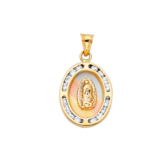 14K Gold Guadalupe CZ Pendant with 2mm Figaro 3+1 Chain