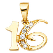 14K Gold CZ 16 Years Charm Pendant with 2.3mm Figaro 3+1 Chain Necklace