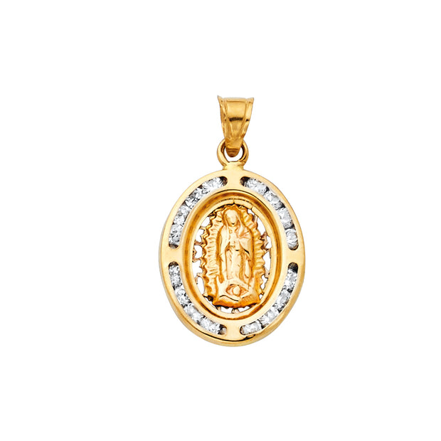 14K Gold Guadalupe CZ Pendant with 2mm Figaro 3+1 Chain