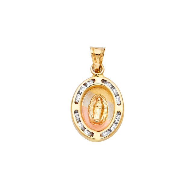 14K Gold Guadalupe CZ Pendant with 2mm Figaro 3+1 Chain