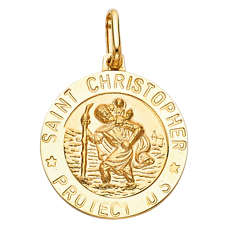 14K Gold St. Christopher Protect Us Pendant with 1.2mm Singapore Chain