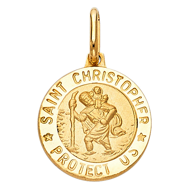 14K Gold St. Christopher Protect Us Religious Charm Pendant with 0.8mm Box Chain Necklace