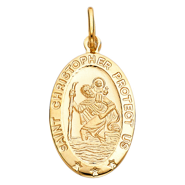 14K Gold St. Christopher Protect Us Pendant with 1.2mm Singapore Chain