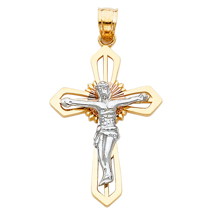 14K Gold Jesus Crucifix Cross Charm Pendant with 1.4mm Round Wheat Chain Necklace