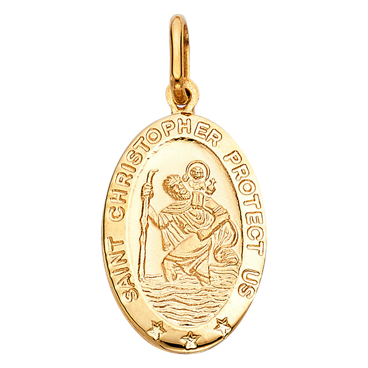 14K Gold St. Christopher Protect Us Charm Pendant with 0.9mm Wheat Chain Necklace