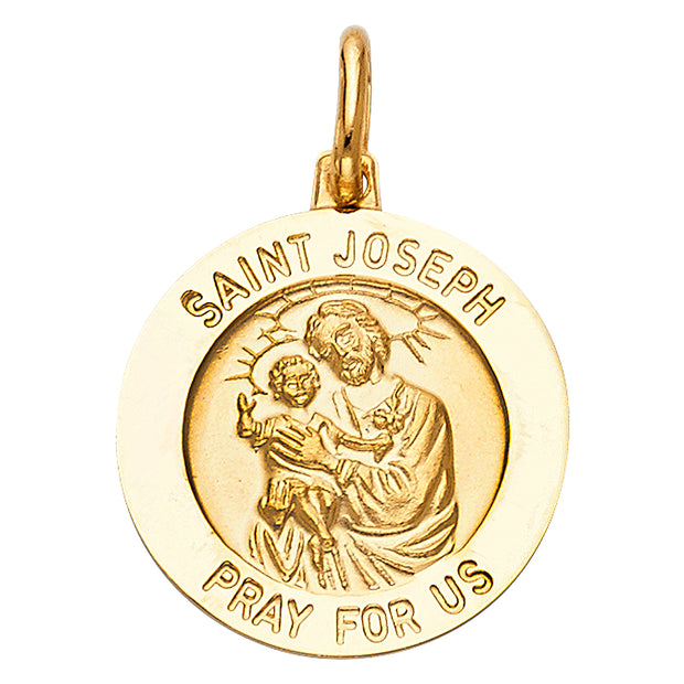 14K Gold St. Joseph Pray For Us Pendant with 1.5mm Flat Open Wheat Chain