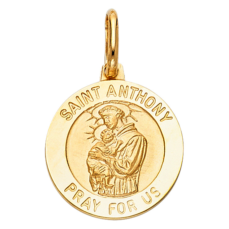 14K Gold St. Anthony Pray For Us Pendant with 1.2mm Flat Open Wheat Chain