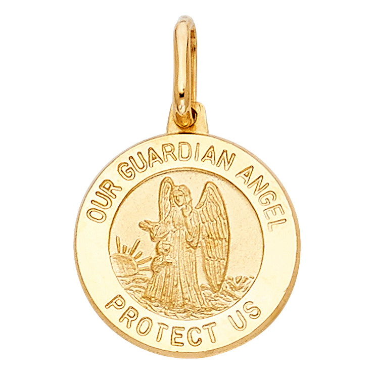 14K Gold Our Guardian Angel Protect Us Pendant with 2mm Figaro 3+1 Chain