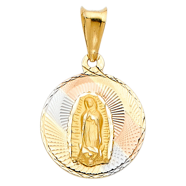 14K Gold Diamond Cut Guadalupe Stamp Charm Pendant with 1.1mm Wheat Chain Necklace