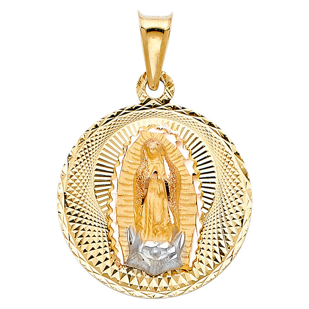 14K Gold Diamond Cut Guadalupe Stamp Religious Charm Pendant with 1.2mm Box Chain Necklace