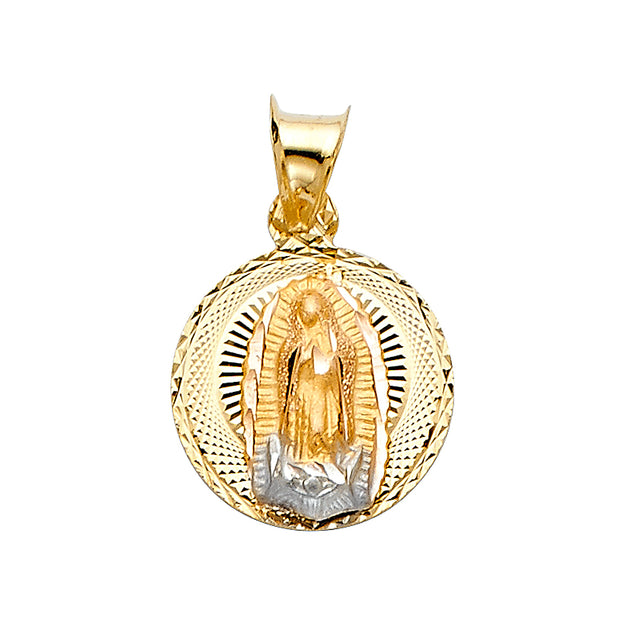 14K Gold Diamond Cut Guadalupe Stamp Charm Pendant with 0.9mm Wheat Chain Necklace