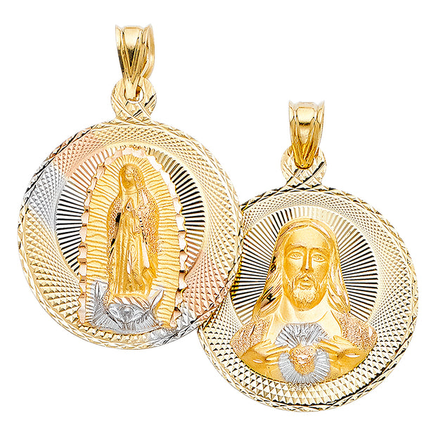 14K Gold Double Side Stamp Virgin Mary & Jesus Pendant with 3.1mm Figaro 3+1 Chain