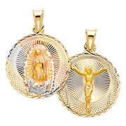 14K Gold Diamond Cut Double Side Stamp Virgin Mary & Jesus Religious Charm Pendant with 1.2mm Box Chain Necklace