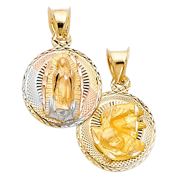 14K Gold Diamond Cut Double Side Stamp Virgin Mary Baptism Charm Pendant with 1.1mm Wheat Chain Necklace