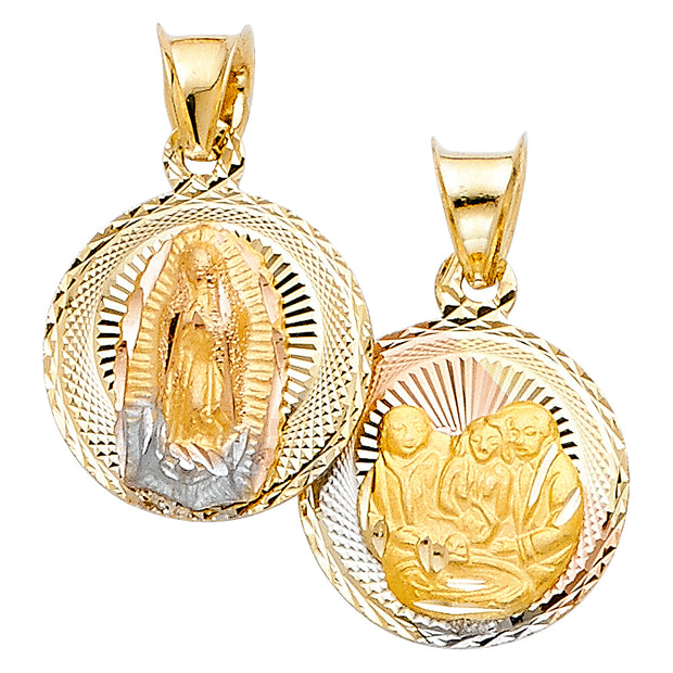 14K Gold Double Side Stamp Virgin Mary Baptism Pendant with 2mm Hollow Cuban Bevel Chain