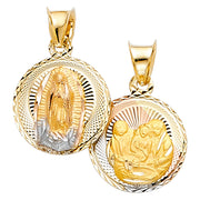 14K Gold Double Side Stamp Virgin Mary Baptism Pendant with 2mm Figaro 3+1 Chain