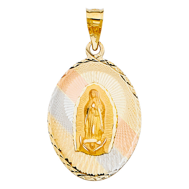 14K Gold Diamond Cut Guadalupe Stamp Religious Charm Pendant with 1.2mm Box Chain Necklace