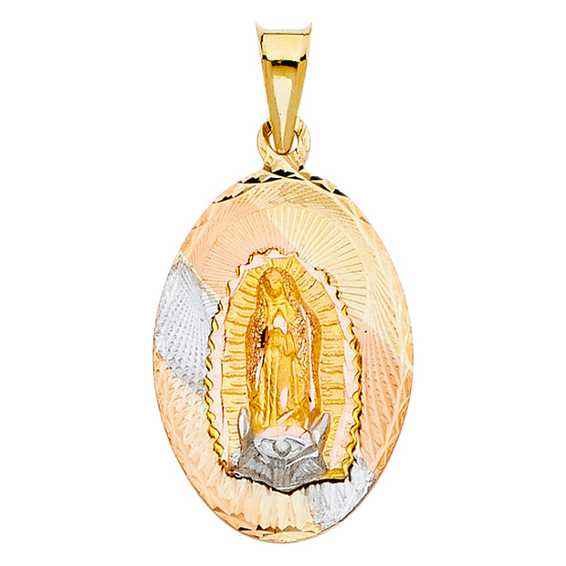 14K Gold Diamond Cut Guadalupe Stamp Religious Charm Pendant with 1.2mm Box Chain Necklace