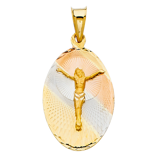 14K Gold Jesus Crucifix Stamp Pendant with 2.3mm Figaro 3+1 Chain