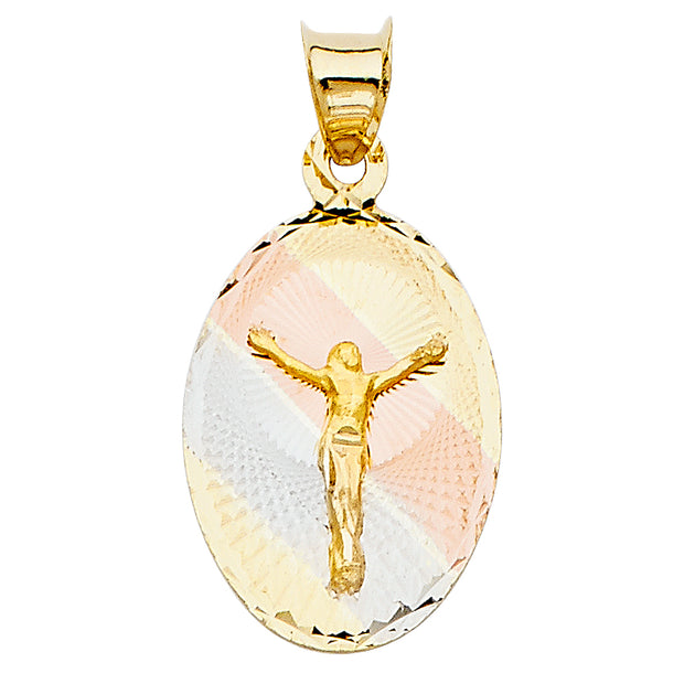 14K Gold Jesus Crucifix Stamp Pendant with 2mm Figaro 3+1 Chain