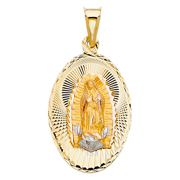 14K Gold Guadalupe Stamp Pendant with 3.4mm Hollow Cuban Chain