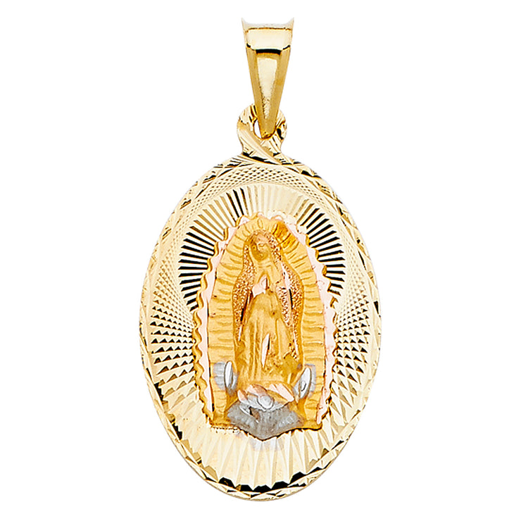 14K Gold Guadalupe Stamp Pendant with 2.3mm Figaro 3+1 Chain