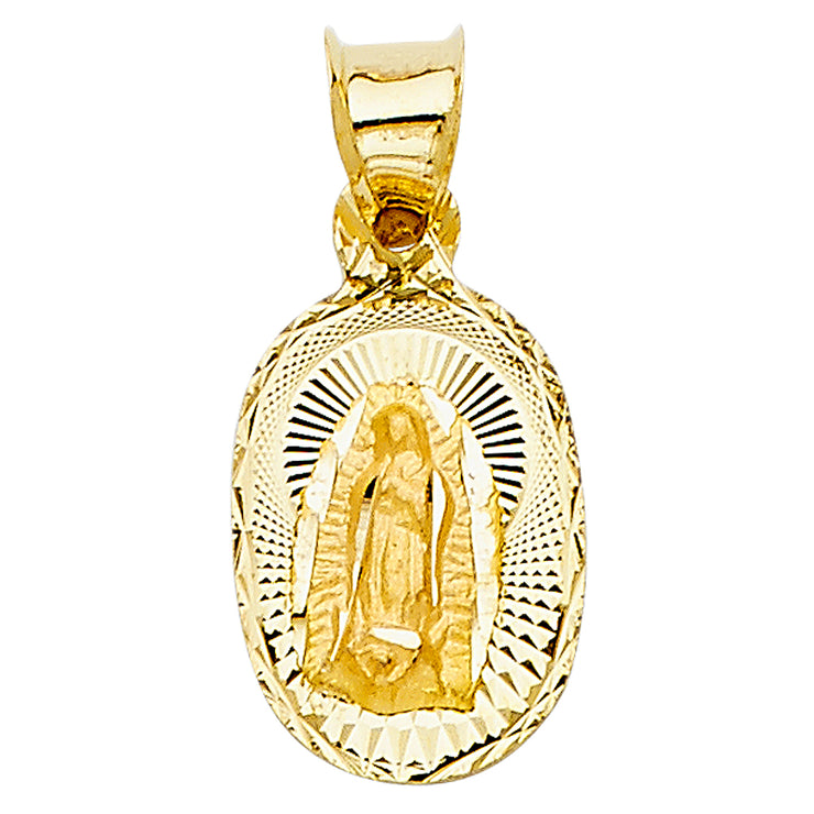 14K Gold Diamond Cut Guadalupe Stamp Religious Charm Pendant with 0.8mm Box Chain Necklace