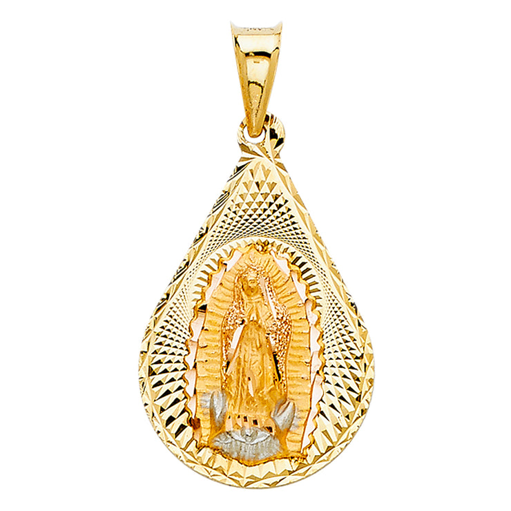 14K Gold Diamond Cut Guadalupe Stamp Religious Charm Pendant with 1.2mm Box Chain Necklace