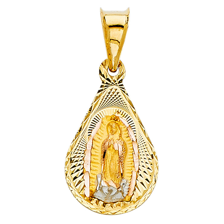 14K Gold Diamond Cut Guadalupe Stamp Religious Charm Pendant with 0.8mm Box Chain Necklace