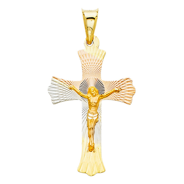 14K Gold Crucifix Jesus Cross Stamp Pendant with 2.3mm Hollow Cuban Chain