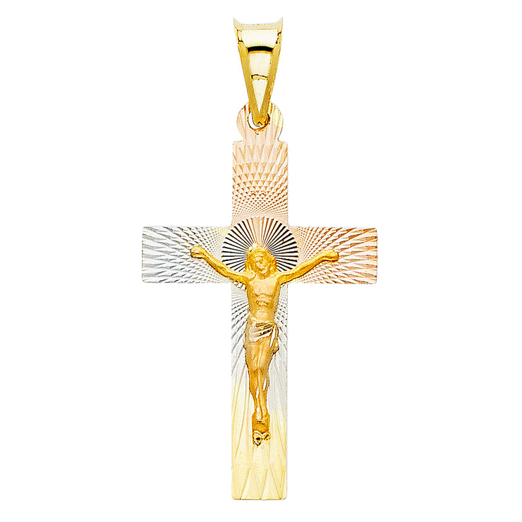 14K Gold Diamond Cut Crucifix Jesus Cross Stamp Charm Pendant with 1.1mm Wheat Chain Necklace