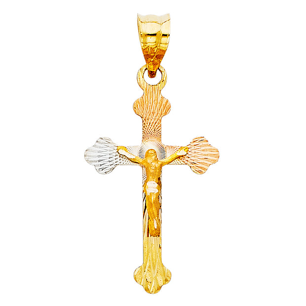 14K Gold Crucifix Jesus Cross Stamp Pendant with 2mm Figaro 3+1 Chain