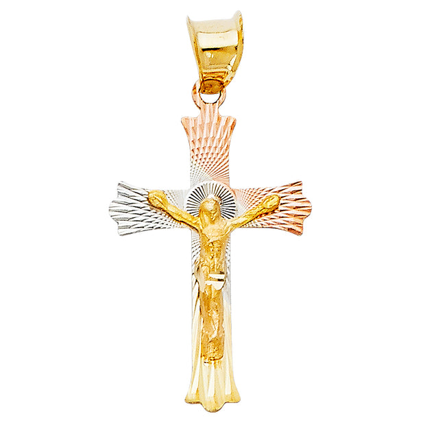 14K Gold Crucifix Jesus Cross Stamp Pendant with 2mm Figaro 3+1 Chain