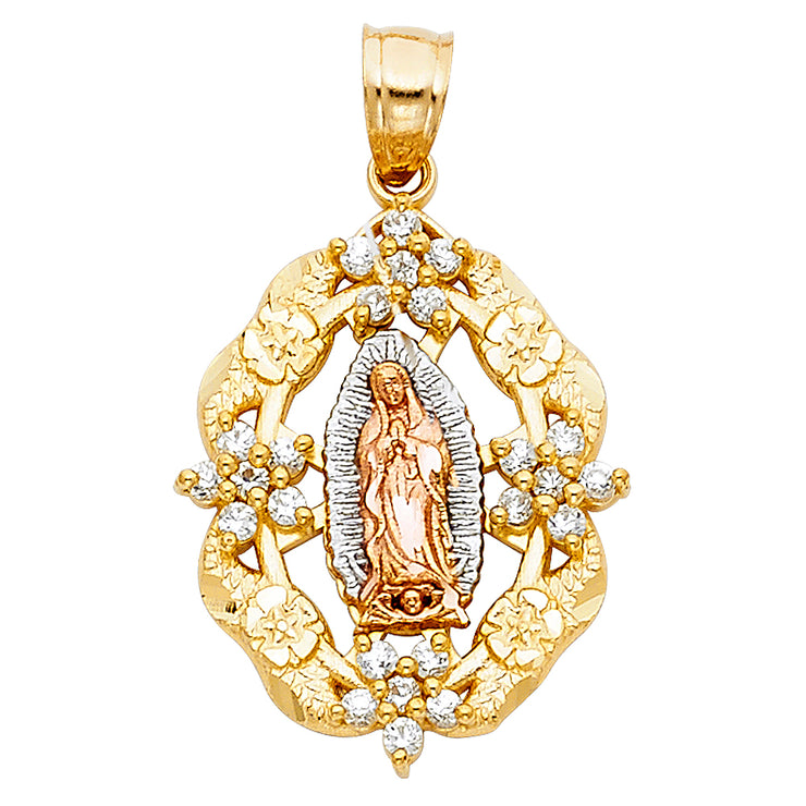 14K Gold Guadalupe CZ Pendant with 2.3mm Figaro 3+1 Chain