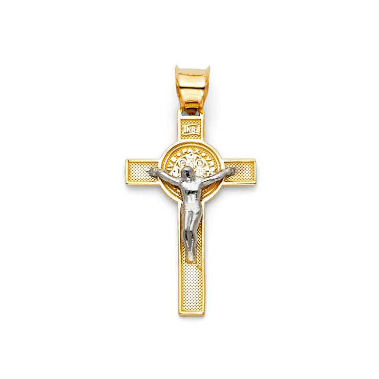 14K Gold Crucifix Cross Pendant with 1.5mm Flat Open Wheat Chain