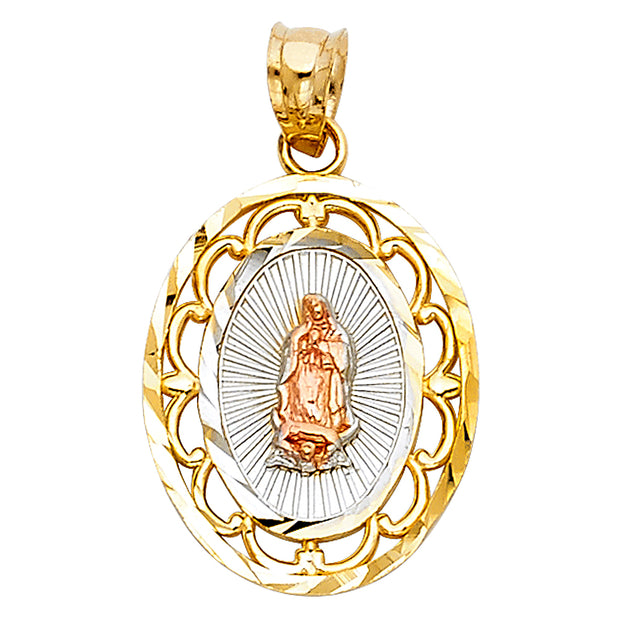 14K Gold Guadalupe Pendant with 2mm Figaro 3+1 Chain