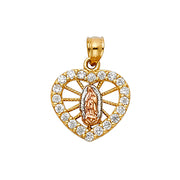 14K Gold Guadalupe Heart CZ Pendant with 2.3mm Hollow Cuban Chain