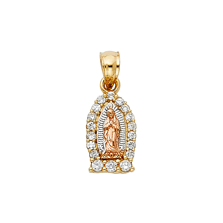 14K Gold Guadalupe CZ Pendant with 2mm Hollow Cuban Bevel Chain