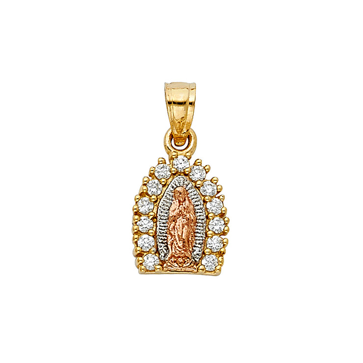 14K Gold Guadalupe CZ Pendant with 2mm Hollow Cuban Bevel Chain