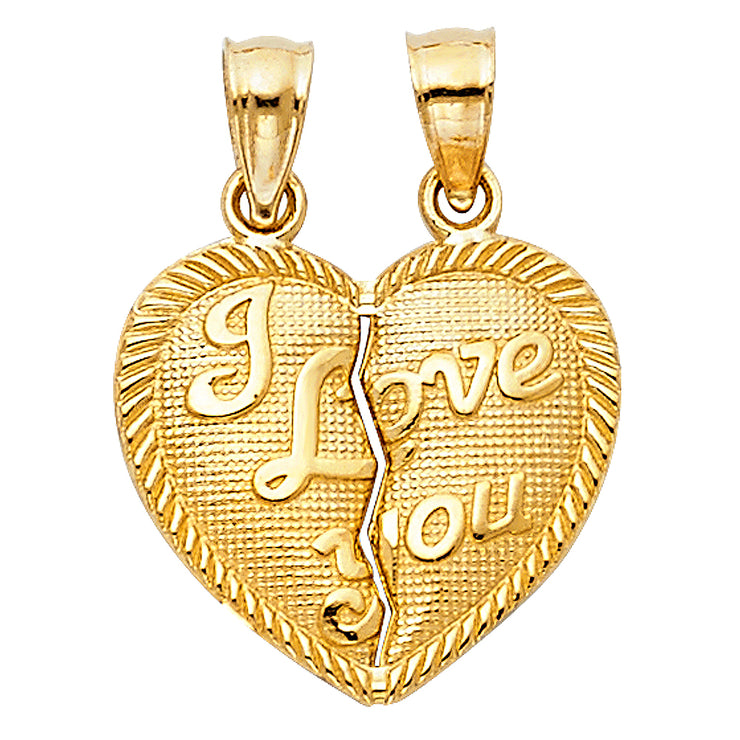 14K Gold Small 'I Love You' Couple Broken Heart Pendant with 2mm Figaro 3+1 Chain