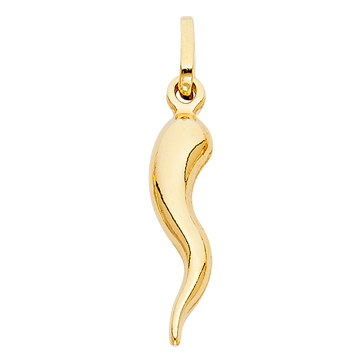 14K Gold Cornicello Italian Horn Fortune Charm Pendant with 1.1mm Wheat Chain Necklace