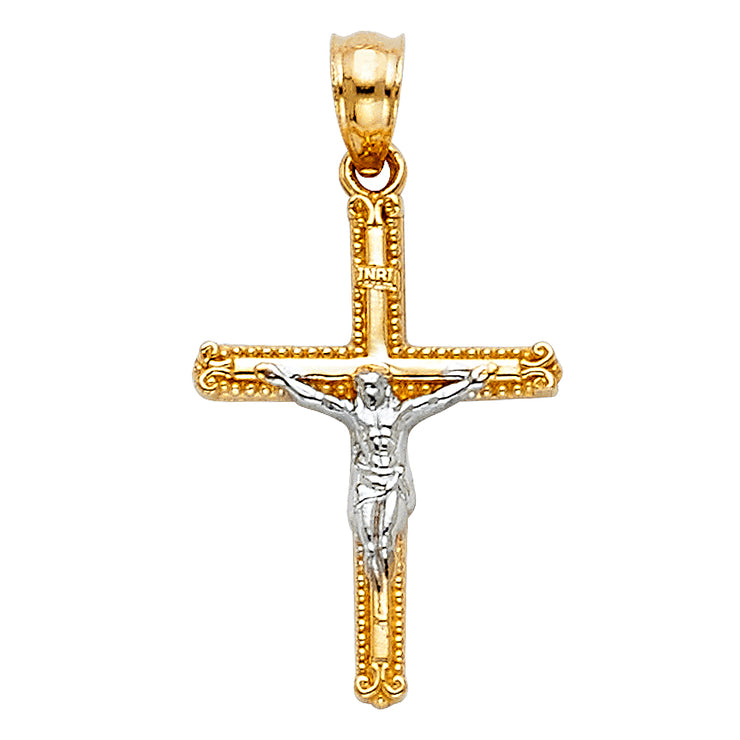 14K Gold Crucifix Cross Pendant with 2.3mm Figaro 3+1 Chain