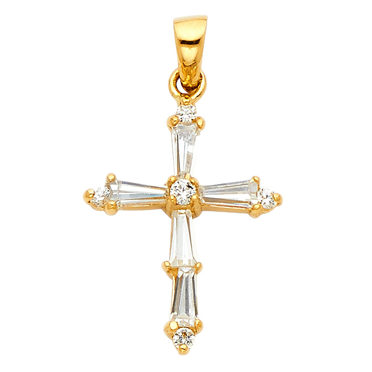 14K Gold Cross Tapered Baguette CZ  Charm Pendant with 1.2mm Singapore Chain Necklace